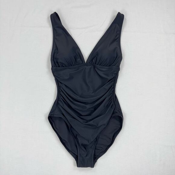 J Crew Factory Womens V-Neck Ruched One Piece Swimsuit Large Black - Picture 2 of 14